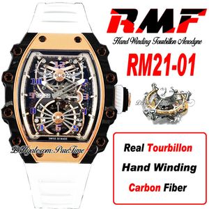 21-01 Real Tourbillon Aerodyne Hand Winding Mens Watch RMF Rose Gold Carbon Fiber Case Skeleton Dial White Rubber Strap Watches Super Edition Puretime D4
