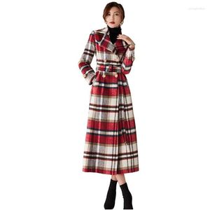 Women's Trench Coats Female Jacket Fashionable Temperament Long Sleeves Red Plaid Woolen Coat 2022 Lapel Medium Length Women's F500