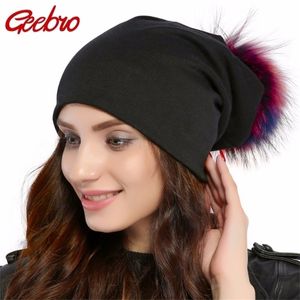 Beanieskull Caps Geebro Brand Womens Beanie Hat Casual Cotton Pompom Beanies Hats Raccoon Fur Pompon Skullies Balaclava For Women JS294 220927