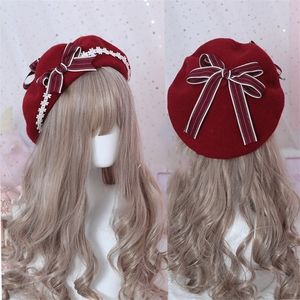 Stingy Brim Hats Soft Sweet daisy Bow Hat French Biscuit Hat Beret Wool Painter Cap Side Fold Hairpin Lolita Accessory Sweet Cute Female 220926