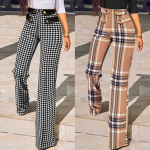 Women's Pants Capris 2022 Women Buttoned High Waist Wide Leg Tailored Pants Spring Casual Ladies Plaid Long Pencil Pants Elegant Trousers Overalls T220926