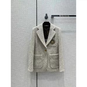 Women's Jackets Autumn Winter Tweed Embroidery Brooch Long Sleeve Jacket Lady Beige Pocket Patchwork Fashion Coats 22ss