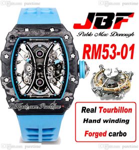 JBF 53-01 Real Tourbillon Hand Winding Mens Watch V2 Pablo Mac Donough Carbon Fiber Skeleton Dial Blue Rubber Strap Watches Super Edition Puretime