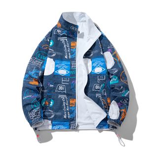 Herrjackor reversibel randig standardkolloar för män graffiti Autumn långärmad casual streetwear windbreaker coat man 220927