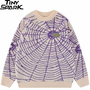 Men's Sweaters Men Streetwear Sweater Hipster Spider Web Graphic Hip Hop Knitted Sweater Casual Loose Pullover Sweater Black Purple 220927