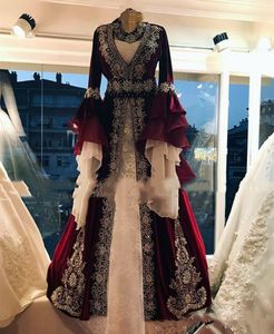Luksusowe indyka marokańskie kaftan sukienki wieczorowe Burgundowe kaftan abaya koronkowe aplikacje kryształy koraliki formalne suknie imprezowe Długie rękawy A-line Prom Celebrity Sukienka