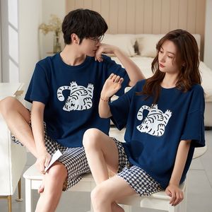 Men's Sleepwear Kawaii Little Tiger Cartoon Couple Pajamas Sets Women Men Summer Cotton Sleepwear Korean Blue Plaid Short Sleeve Lovers Homewear 220924