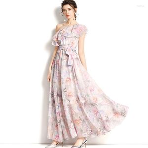 Casual Dresses One Shoulder Ruffle Pleated Belted Floral Party Long Maxi Dress Women Summer Boho Beach Sleeveless Korean Ladies Pink Clown