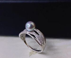 Diaomondbox 22092409 Jewelry Ring 6-7mm Akoya Grey Pearl Sterling Sier Zircronia Rhinestone Hollow Adjustable Lace Royal Vintage Style