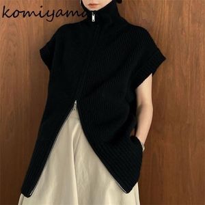 Женские трикотажные трикотажные штучки Tees komiyama turtleneck Zipper Design Lackets Loose Sweater Женщины с коротким рукавом Осень зимняя вязаная кардиган Mujer 220923