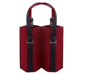 2 Bottle Felt Wine Tote Carrier Gifts Wrap With Real Leather Handle Double Wine Bottles Gift Bags for Holiday Party Birthdays Weddings Christmas