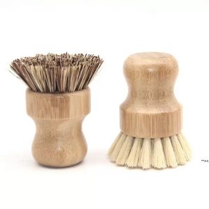 Rund träborsthandtag potten skål hushåll sisal palm bambu kök sysslor gnugga rengöring borstar c0927