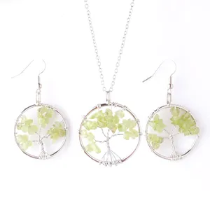 Women Classic Love Gift Pendant Necklace Jewelry Set Aventurine Stone Tree of Life Hook Dangle Drop Earring Chain 45cm BM908