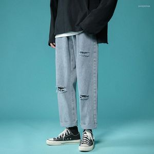 Mäns jeans män våren sommaren mäns rippade blå koreanska mode rak ben denim bredbensbyxor baggy fotled