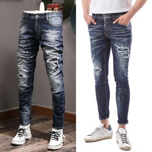 Herren-Jeans, schmale Passform, Nähte und bemalte blaue Vintage-Waschbein-Jeanshose für Herren