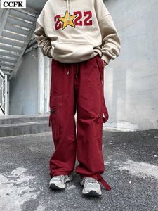 Calças femininas capris calças de carga vermelha com bolsos mulheres harajuku punk joggers 90s streetwear hip hop sweatpants egirl grunge alt roupas y2k macacão t220926