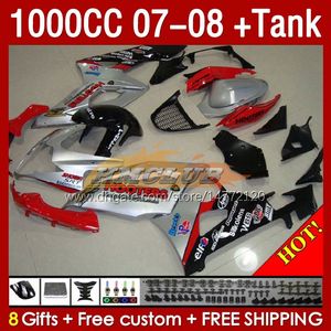 Fairings zbiorników dla Suzuki GSXR-1000 K7 GSXR 1000 CC GSXR1000 2007 2008 Red Silvery Bodys 158no.63 1000cc GSX-R1000 2007-2008 Bodywork GSX R1000 07 08 Zestaw pełny