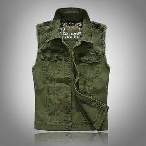 Men's Vests vests Slim Fit Cowboy Male Jacket Vest Ripped Denim Vest Men's Jacket Sleeveless Casual Waistcoat Mens Jean Coat Green 220924