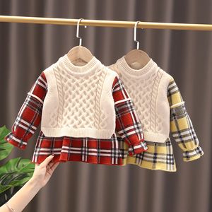 Baby Pullover Sweaters Pretty Princess Autumn Winter Warm Thicken Full Sleeve Plaid Sticking Bow Dresses Toddler Kids Girl Sweater M Y E3