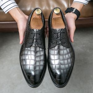 Color Solid Derby Fashion Shoes Men Crocodile Pattern PU Pointed Toe Wing Tip Lace Up Business Casual Wedding Everyday Versatile 54