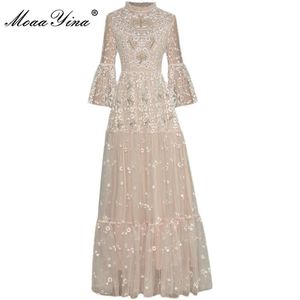 Casual Dresses Moaayina Fashion Designer Dress Summer Women 34 FLARED SLEEVES PEALKINS Embrodery Mesh Maxi Party 220923