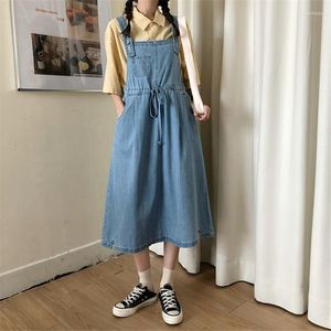 Sıradan Elbiseler Kore Moda Denim Askıyıcılar Kadın Soygun Sundress Tapıklı Stil Japon Sevimli Vintage Jeans Dress Vestidos