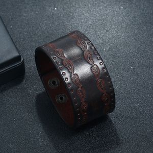 Old Emboss Floral Leather Bangle Cuff Button Adjustable Bracelet Wristand for Men Women Fashion Jewelry