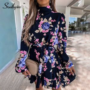 Vestidos casuais Southpire Feminino Floral Print Floral Style Loose Mini vestidos de manga longa Vestidos de pescoço alto