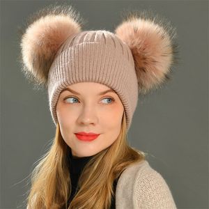 Berretti BeanieSkull Cappelli a tesa larga Secchiello Moda invernale Pompon di pelliccia per ragazze Berretto all'uncinetto Adulti Lana lavorata a maglia Double Two 220927