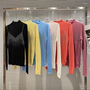 Camisetas femininas Europeias outono inverno sling quadrado grão shinestone padrão stand colar sweater de lã tops com tops streetwear de moda