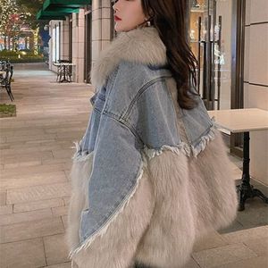 Womens Fur Faux Lanmrem Denim Splicing Fashion Coats Medium Längd Imitation Varma lyxkläder Vinter 2R5815 220927