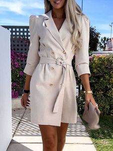 Casual Dresses Sexy Chic Long Sleeve A-Line Coat Dress Women Solid Office Commuter Slim Mini Dress Elegant Lapel Double Breasted Lace-Up Dress T220905