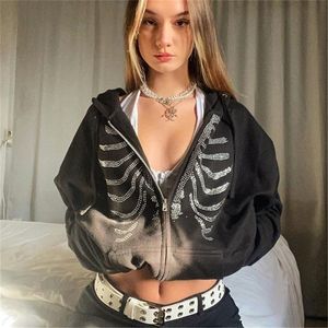 Felpe con cappuccio da donna Y2K Donna Skeleton Grunge Goth Felpa con cappuccio nera Hippie Zip Up Felpe oversize Autunno Inverno Dark Waatfaak Streetwear 220926