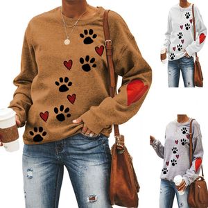 Aşk Kalp Köpek Pençe Baskı Sweatshirts Kadın Örgü Uzun Kollu Kazak Üstler Günlük Bluz