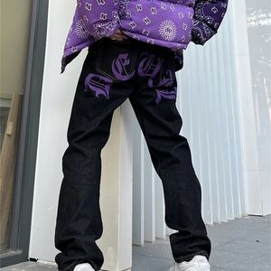 Мужские джинсы Мужские джинсы Y2K кешью цветы пурпурная уличная одежда повседневная брюки панк хип -хоп печатный печать мешковаренное хараджуку прямые джинсовые брюки 220926