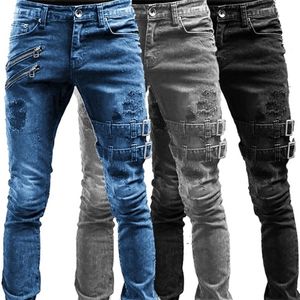 Erkek kot pantolon ince bisikletçi yırtık uzun kot pantolonlar skinny kot pantolon cep yan kayışları ve fermuarlar erkek koşu pantolonları yok edilmiş esnek pantolon 220928