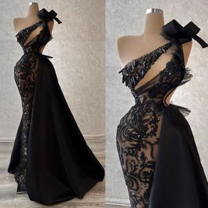 Kväll sexiga svarta klänningar paljetterade pärlkristall sjöjungfrun anpassade tillverkade en axel balklänning tåg ärmlösa formella festklänningar