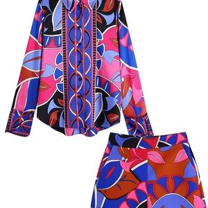 Kvinnors tvåbitar byxor Aonibeier Summer Women Chic Geometric Print Pink Suits Traf Top Blus High Low Hem Shirt Shorts Female 2 Piece Set 220926