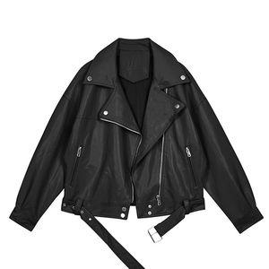 Women's Leather Faux Sungtin Loose PU Jacket Women with Belt Black Soft Street Moto Biker Coat Outerwear 220928