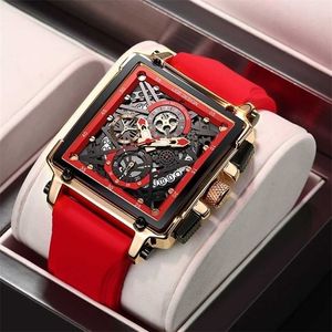 LIGE męskie zegarki Top marka luksusowy pusty kwadratowy zegarek sportowy dla mody silikonowy pasek wodoodporny zegarek kwarcowy 220124