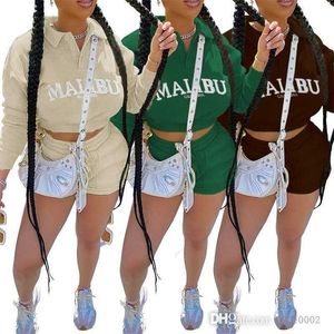 Fall Women Tracksuits Fashion Letter Tryckt l￥ng￤rmad Crop Top Sweatshirt tr￶ja Biker Shorts 2 -delad joggardr￤kt