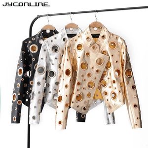Jyconline 2017 패션 푸 여성 재킷 가을 금속 모터 펑크 폭격기 재킷 실버 골든 할로우 아웃 재킷 여성 스트리트웨어 S18101302