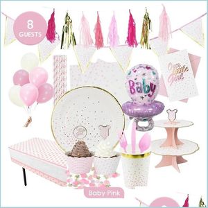 Decorazione per feste Baby Shower Pink Girl Compleanno Set da tavola Piatti di carta usa e getta Tazze Tovaglioli Tovaglia Gender Reveal Drop Del Dhotd