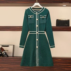 New Women Single Runway Designer 2024S Breasted Sweater Dress Spring Autumn Green Plaid Knitting Bright Silk Vestido S-4Xl