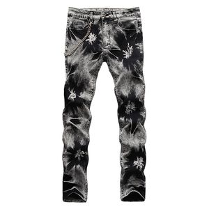 Men's Jeans Snow Washed Tie and Dyed with Chain Streetwear Gray Black Slim Straight Stretch Denim Pants 220927