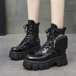 Boots 2022 Winter Women Mid-Calf Storage Pocket Buckle Strap Motorcycle Shiny Leather Flat Platform Bootie Booties Woman