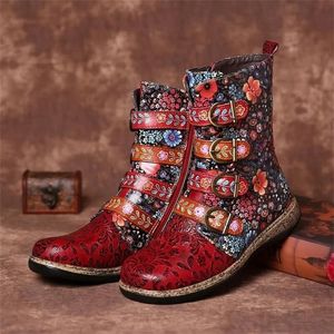 641 BRETRO BOOTS BOOT Printed Women Metal Buckle Leather Shipper Mid Galf Fashion Ladies Shoes Female Botines Mujer 220928 543 S
