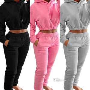 Frauen Plüsch Trainingsanzüge 2022 Winter Warme Sweatsuits Mit Kapuze Crop Top Jogging Anzug Jogginghose Hoodie Zwei Stück Sport-Set