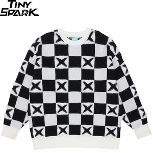 Men's Sweaters Men Harajuku Streetwear Knitted Sweater Retro Black White Plaid Hip Hop Pullover Autumn Cotton Casual Sweater Checkered 220928