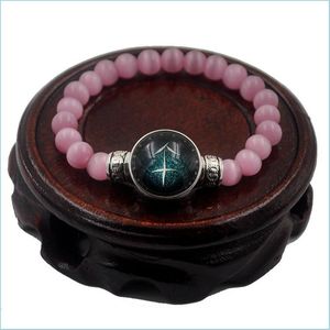 Fios de miçangas de 8 mm de gato rosa olho opal de pulseiras para homens jóias 12 constelações signo zodiac snap button charme pseir dhpxe